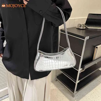Тенденция чанта с шарките на крокодилска кожа 2023 г., лъскава чанта през рамо от изкуствена кожа, однотонная чанта под мишниците, дамска чанта, чанта-лотария за момичета
