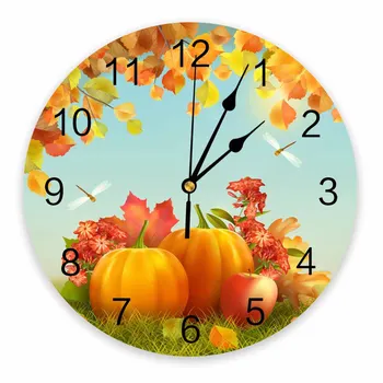 Тиква, Кленов лист, Ден на Благодарността, есен поле, декоративни кръгли стенни часовници, Индивидуален дизайн, Не тикающие, безшумни, стайни големи стенни часовници