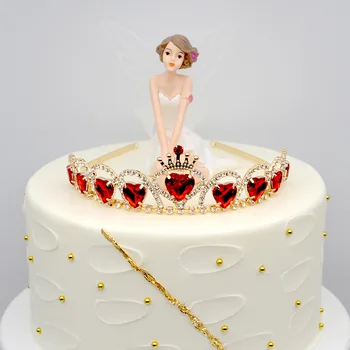Украса на Торта във формата на Короната на рожден ден, Праскова Сърце, Диамантени Аксесоари За Коса Принцеса, Детски Короната на Булката, Topper За Сватбената Торта