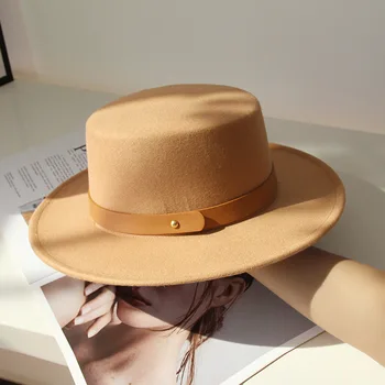 Фетровая шапка камилска козина цветове, френски цилиндър, женски есенно-зимния британски ретро кожена каишка, имитация на вълна чувствах шапки, дамски джаз шапка