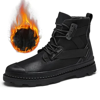 Хубаво есенно-зимни обувки, мъжки обувки от естествена кожа, черни модерен мъжки ботильоны, топло плюшен мъжки обувки за студена зима KA4087