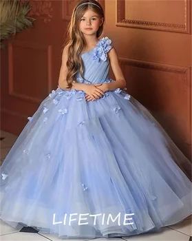 Царско синьо буйни рокля с цветя модел за момичета, светло синя рокля с цветя модел с едно рамо, сватбената рокля на принцеса-тийнейджър, модно ревю