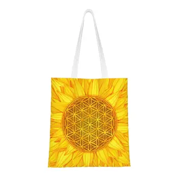 Цвете на Живота на Слънчогледа Чанти за пазаруване в хранителни магазини, дамски мандала, цвете на сакралната геометрия, холщовые чанти за пазаруване на рамото, чанта