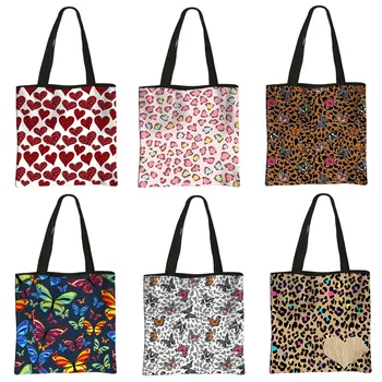 Чанта за пазаруване с леопардовой пеперуда /принтом на сърцето, дамски модни чанти-тоут, чанти за храни с голям капацитет, дамска чанта за еднократна употреба, чанта за пазаруване