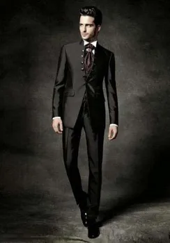 Черен мъжки костюм с висока яка на една пуговице, най-Новите дизайн, Модни смокинги по поръчка, Оборудвана мъжки блейзър Terno (яке + Панталон + Вратовръзка + Жилетка)