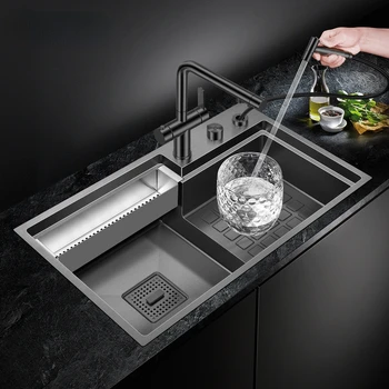 Черен нано мивка степенна голяма единично домакински мивка 304 кухненски принадлежности от неръждаема стомана