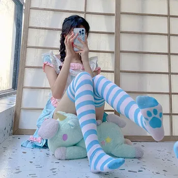 Чорапи в дълга ивица с принтом котешки лапи, приказно аниме, над коляното, за жени и момичета, cosplay, студентски памучни чорапи Kawaii Lolita