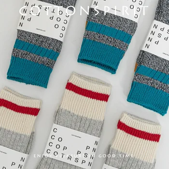 Чорапи за бродерия с дебела игла в контрастни райета паралелно цвят, универсални дишащи памук вълнени чорапи със средна дължина, мъжки и дамски чорапи